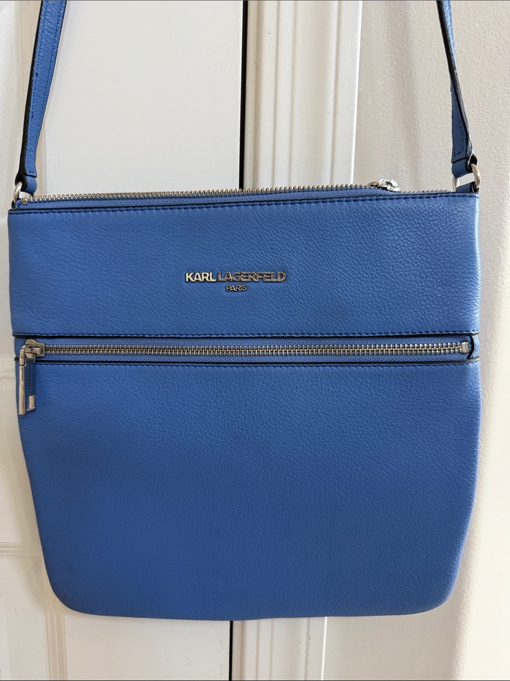 Karl Lagerfeld Blue Leather Crossbody with Front Zip